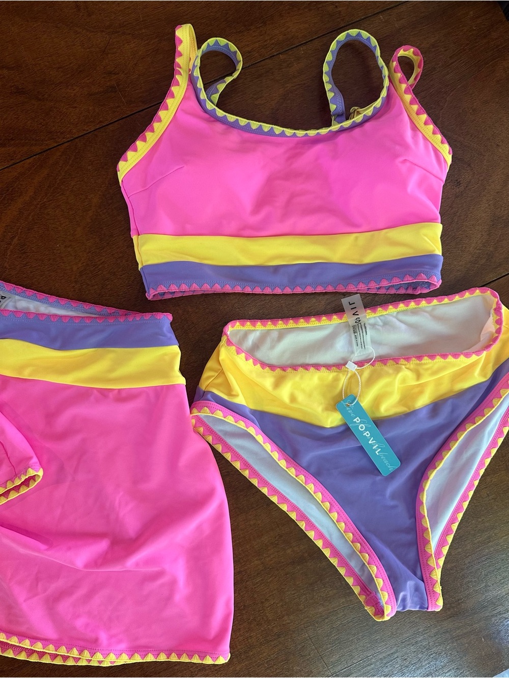 NWT Popvil 3-Piece Bikini Set Swim Skirt Pink Yellow Purple Size M